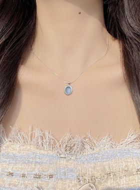 韩国INS设计师S925纯银天然海蓝宝吊坠项链女轻奢小众设计锁骨链