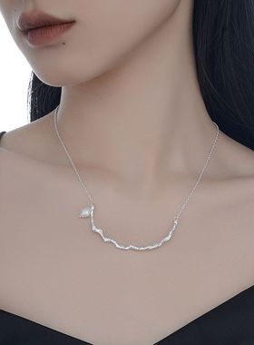 韩版简约小众S925纯银锤目纹肌理项链女短款巴洛克珍珠项链