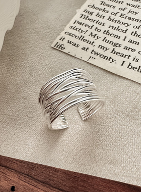 s925银多层交错女士开口食指戒 韩版简约ins编织缠绕线条戒指