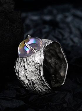 【K社制造】欧美925纯银宽版不规则纹理戒指开口彩色月光石食指戒