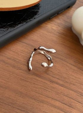 韩版S925镀银仿珍珠戒指女复古时尚肌理水滴开口指环气质嘻哈食指