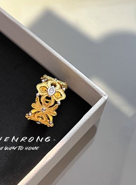 【K社制造】布织纹雕金工艺纯银镀18K金精美古典宫廷百搭戒指