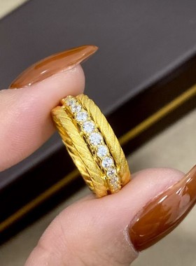 【K社制造】纯银S925法式磨砂拉丝麻花边排钻镂空戒指金色指环女