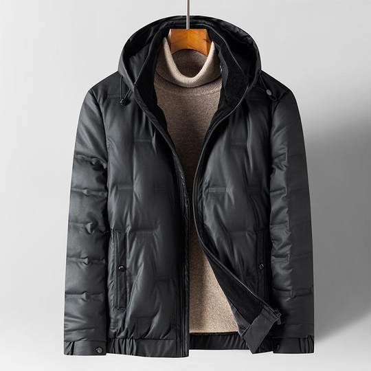 海宁真皮绵羊羽绒服男士加厚加肥加大高档皮夹克外套皮衣连帽冬季