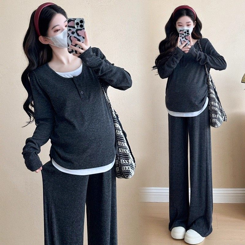 孕妇套装春秋季新款慵懒风假两件显瘦上衣+直筒裤子两件套大弹力,淘宝优惠券,粉丝福利购,淘宝优惠卷