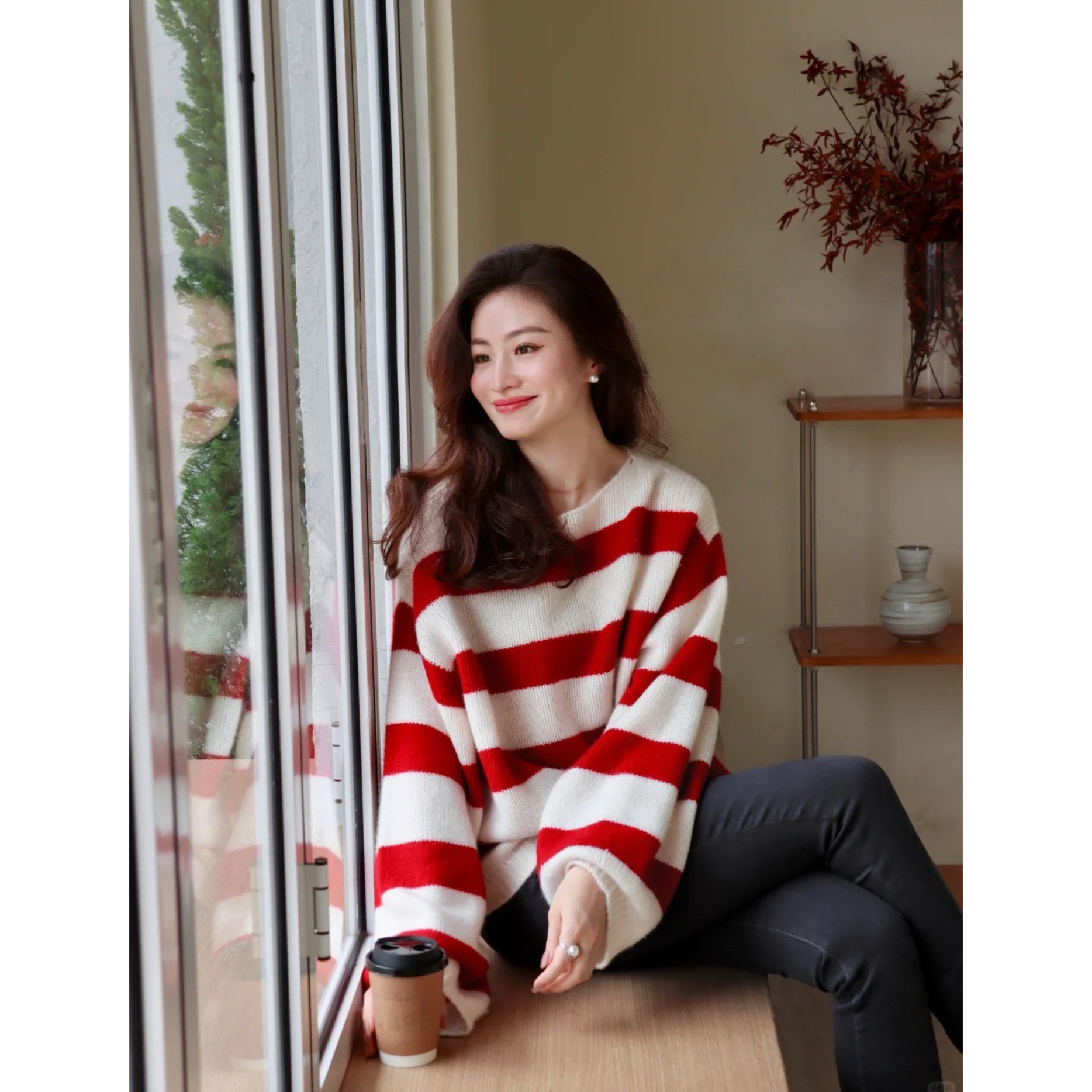 MoreLess 明星同款毛衣红白条纹慵懒风一字领套头宽松针织衫毛衣