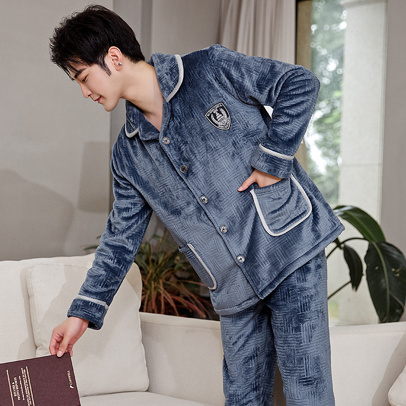 男2020网红新款加厚长袖居家冬睡衣 优美纺睡衣/家居服套装