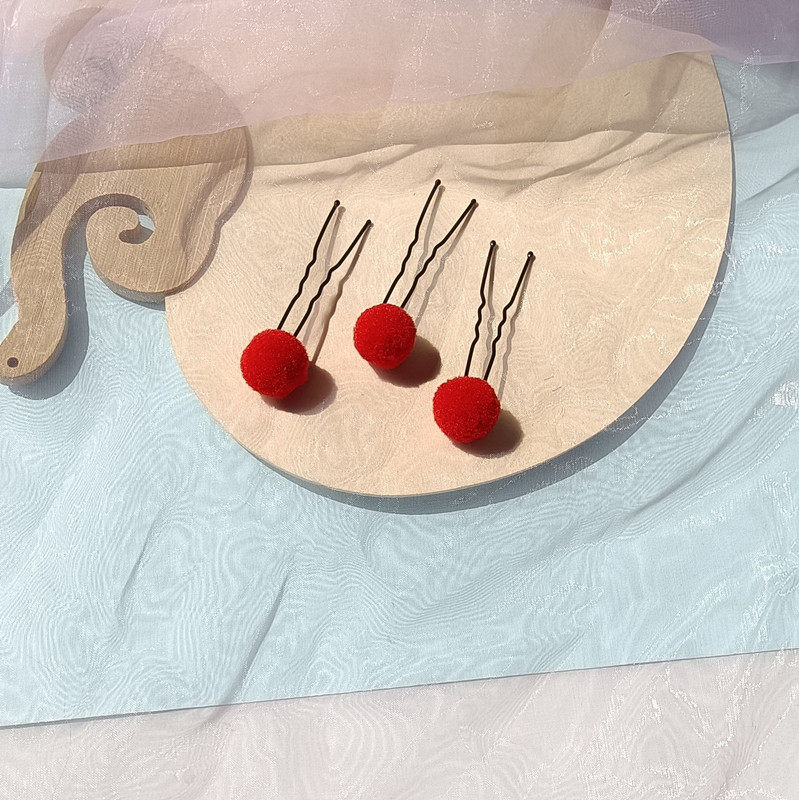 彩色毛球发叉U形夹子毛绒绒发饰古风点缀u钗迷你红绒球发簪头饰品,淘宝优惠券,粉丝福利购,淘宝优惠卷