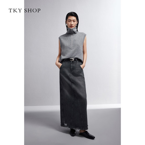 TKY SHOP美式复古牛仔裙2025秋新款不规则毛边半身裙高腰开叉裙子 - 图1