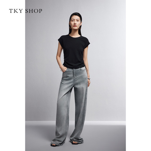 TKYSHOP ເສື້ອຍືດຄໍສັ້ນ pleated neck pleated ສໍາລັບແມ່ຍິງ