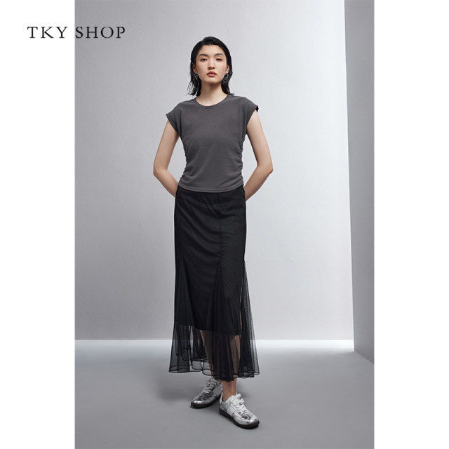 TKYSHOP ເສື້ອຍືດຄໍສັ້ນ pleated neck pleated ສໍາລັບແມ່ຍິງ