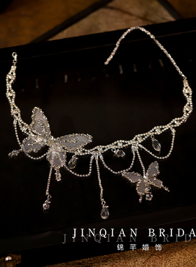 韩式森系超仙新娘项链高级感甜美银色水晶蝴蝶婚纱晚礼服减龄配饰