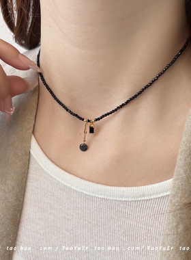 桃予儿黑色水晶串珠小众锁骨链