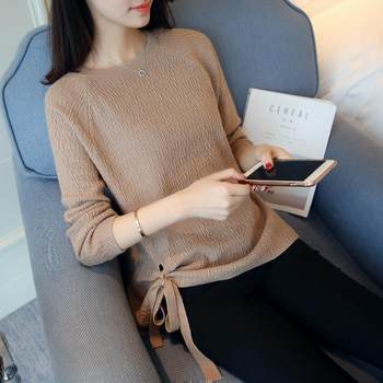 ເສື້ອຢືດເສື້ອຢືດ Lace-up Women's Pullover 2023 Spring and Autumn New Style Korean Style Long-sleeved Loose Knitwear Short Versatile Bottoming Top