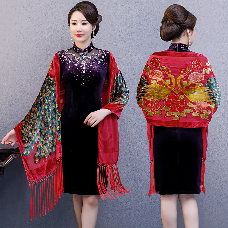 春秋女士披肩围巾两用丝绒烧花长款围巾婚宴妈妈旗袍礼服披肩外搭,淘宝优惠券,粉丝福利购,淘宝优惠卷