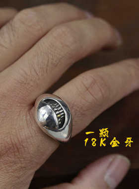 牛钝男女925银18K金牙齿鲨鱼戒指