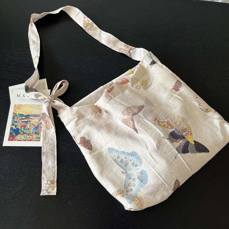 新中式国风天丝麻面料帆布包单肩包蝴蝶印花文艺日系腋下包皮绳包,淘宝优惠券,粉丝福利购,淘宝优惠卷