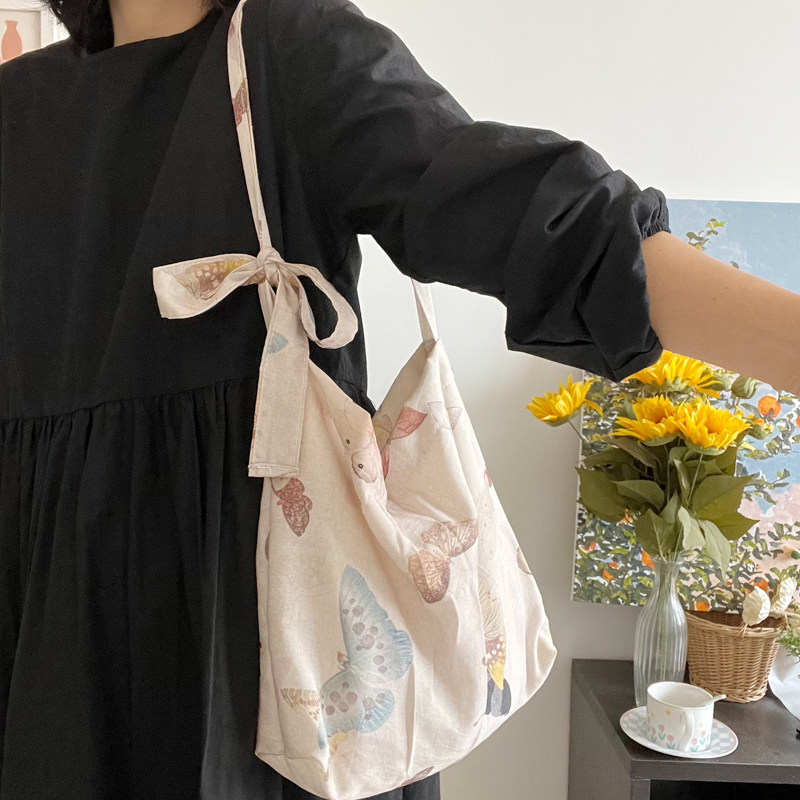 新中式国风天丝麻面料帆布包单肩包蝴蝶印花文艺日系腋下包皮绳包,淘宝优惠券,粉丝福利购,淘宝优惠卷