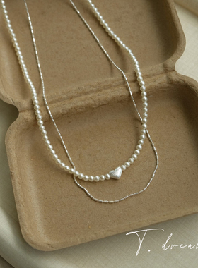 nicedream双层拉丝爱心珍珠项链