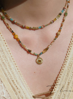 nicedream复古绿太阳花串珠项链