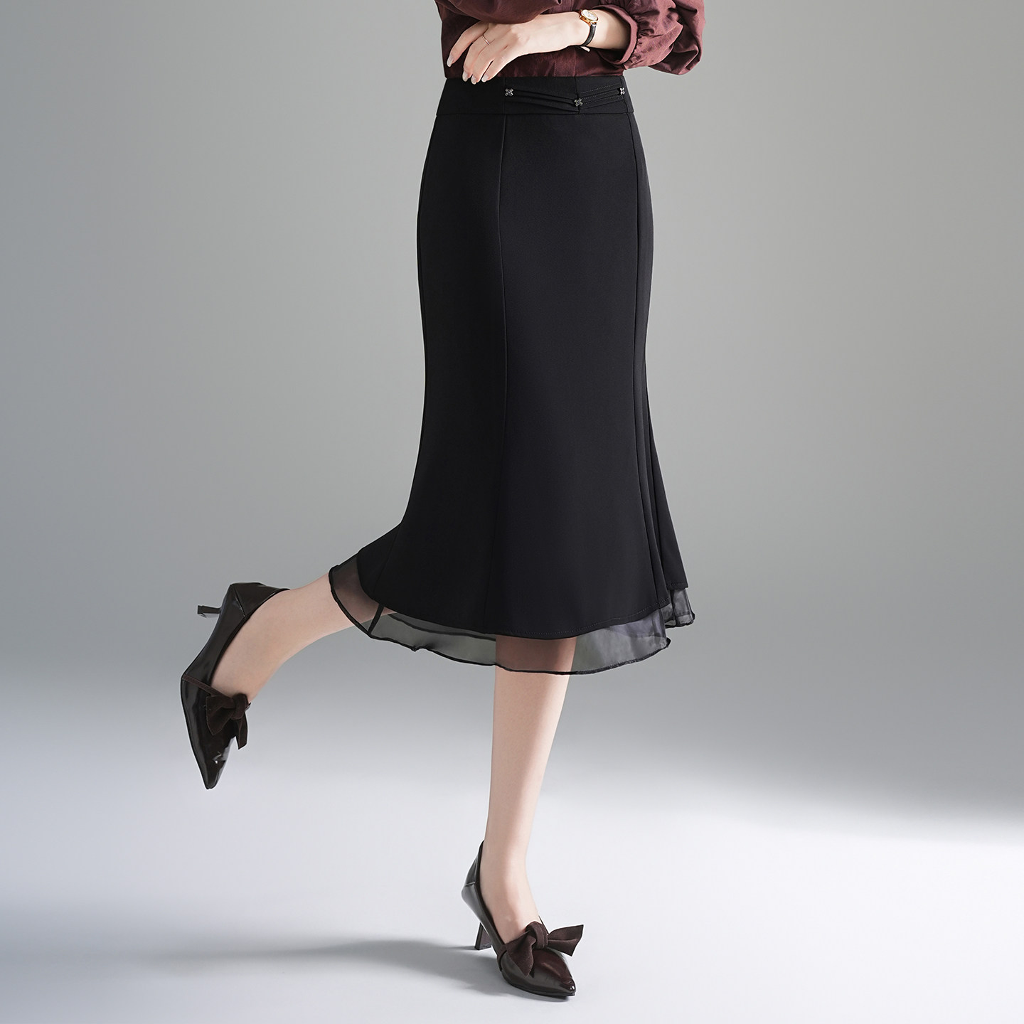 黑色网纱拼接鱼尾半身裙女春季2026新款高腰显瘦中长款通勤包臀裙,淘宝优惠券,粉丝福利购,淘宝优惠卷