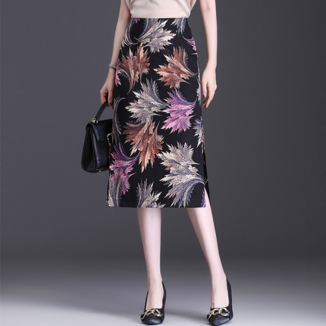 Double slit retro print one-step skirt covering hips one-step skirt