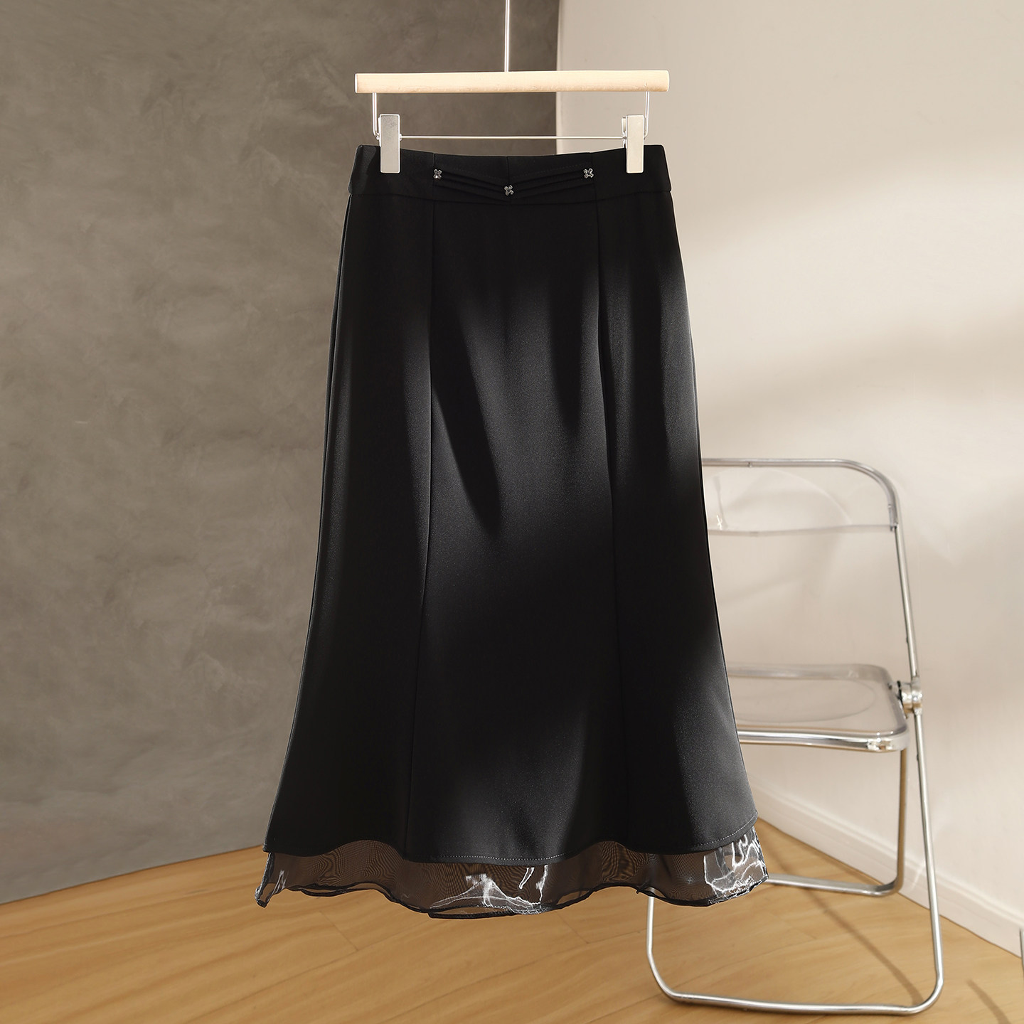 黑色网纱拼接鱼尾半身裙女春季2026新款高腰显瘦中长款通勤包臀裙,淘宝优惠券,粉丝福利购,淘宝优惠卷