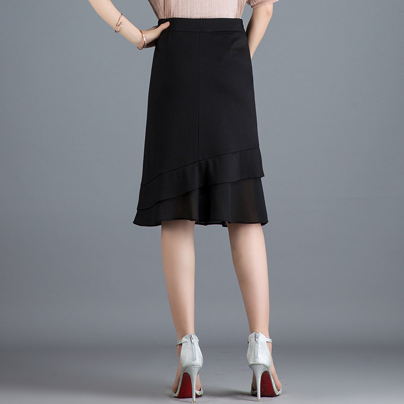 2020夏季黑色荷叶边通勤a字鱼尾裙 倩芭兰半身裙