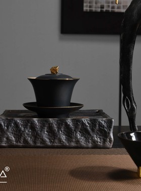 罗曼提 新中式样板间花艺禅风黑描金盖碗饮水马摆件 茶室茶桌组合