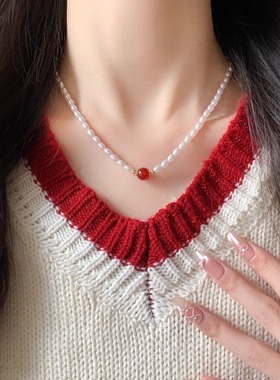 复古红色天然石珍珠简约锁骨链