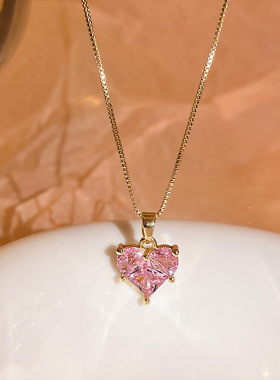 棉条虫锆石合金女粉色爱心项链