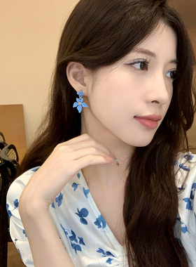 棉条虫日韩合金女蓝色花朵耳环