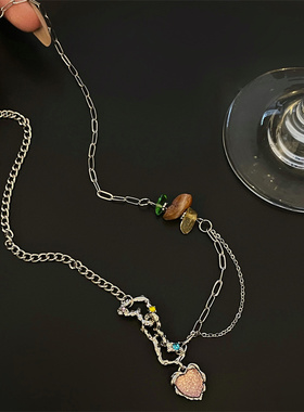 棉条虫女粉色爱心水晶拼接项链