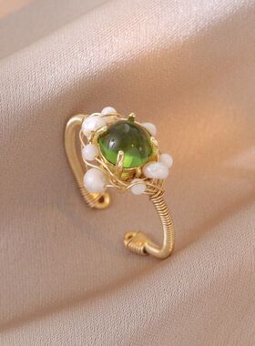 项链女 淡水珍珠新款潮复古绿色宝石设计感小众耳环戒指项链饰品