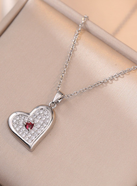 项链女 网红小红薯爱心时尚桃心红色锆石简约小众设计锁骨链