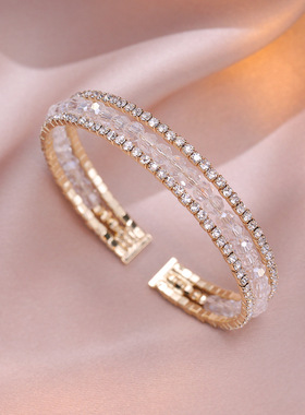 手镯 白色水晶串珠开口夏季手链ins小众设计时尚学生闺蜜气质手饰