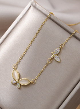 钛钢项链女 猫眼石蝴蝶韩式新款镀18K金项链镶钻吊坠锁骨链项饰品