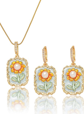 项链女 法式天然淡水珍珠滴釉复古风耳环套装森系项链跨境锁骨链