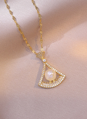 项链女韩版新款镂空扇形人鱼珠微镶耳钉网红锆石镶嵌简约气质配饰