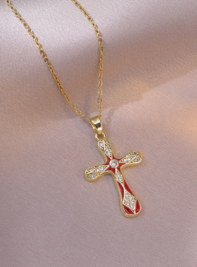 项链女网红跨境滴油锆石十字架项链吊坠欧美气质时尚微镶镀金饰品