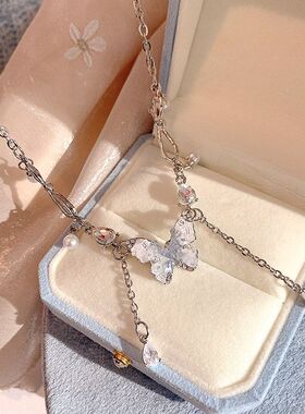 新款超仙时尚小清新夏日甜酷吊坠冰晶渐变色仿珍珠蝴蝶流苏项链女