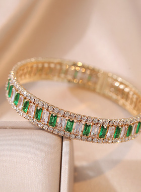 手镯 日韩风祖母绿方形几何镶钻锆石开口个性ins手链气质手饰