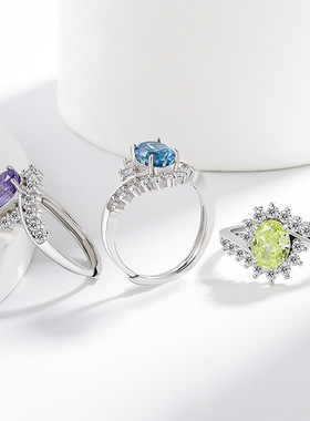 直播热卖彩宝天使之眼冰花切戒指女镶嵌爆闪鸽子蛋高碳钻指环饰品