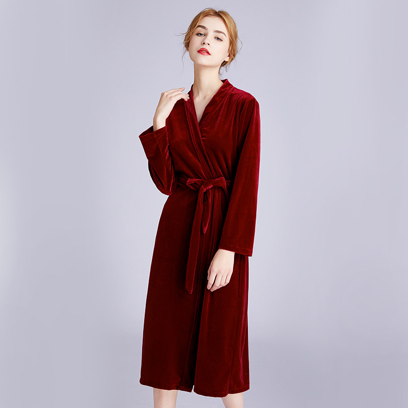 新娘红色结婚睡袍中长款金丝绒晨袍 苏婉田睡袍/浴袍