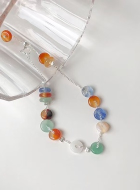 眼观S925银多彩色玉石串珠手链