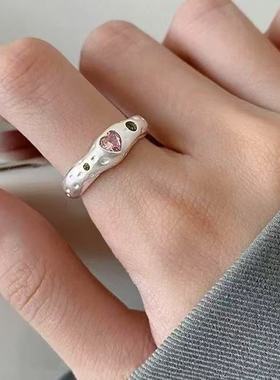 S925银爱心粉色锆石戒指