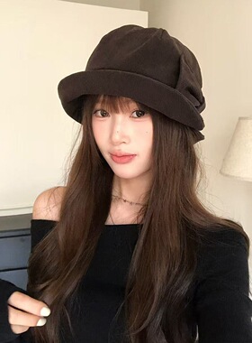 灯芯绒蝴蝶结渔夫帽女秋冬礼帽