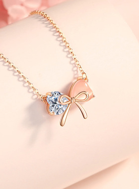 蝴蝶结纯银925项链女小众设计轻奢款猫眼石锁骨链得物ins爱心