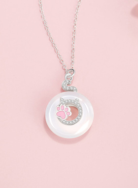 猫咪纯银925玉髓项链女可爱甜美风平安扣锁骨链ins风猫爪吊坠