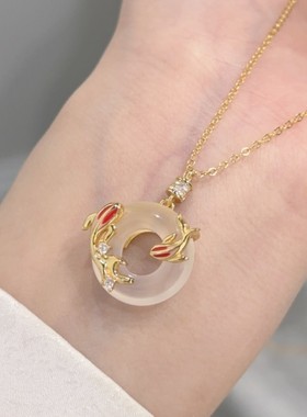 幸运锦鲤鱼纯银925项链女新中式国潮玉髓锁骨链ins风平安扣吊坠